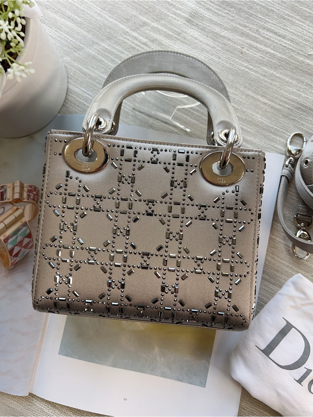 Christian Dior Mini Lady Dior Bag Grey Strass Cannage Satin Silver Hardware